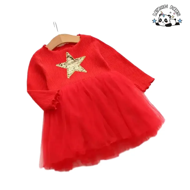 LEZONKIDS - Wholesale Long Sleeves Ribbed Flower Girls' Dresses Toddler Birthday Tutu Dress Little Princess Dress